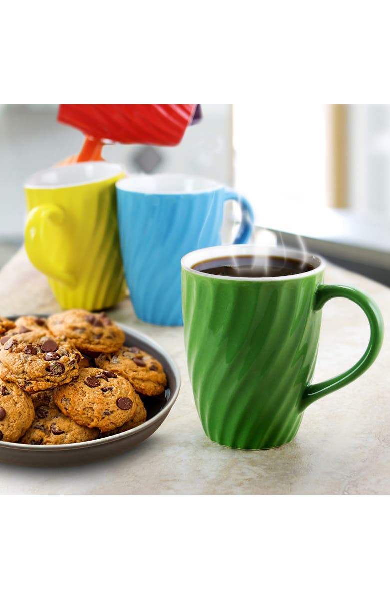 MR COFFEE Color Delight 6 Piece 10 Ounce Stoneware Mugs with Metal Stand, Alternate, color, Blue