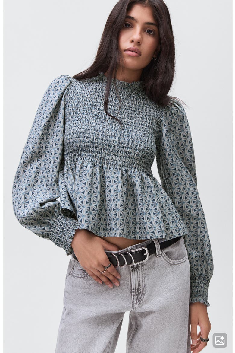 Smocked Floral Peplum Top, Alternate, color, GREY