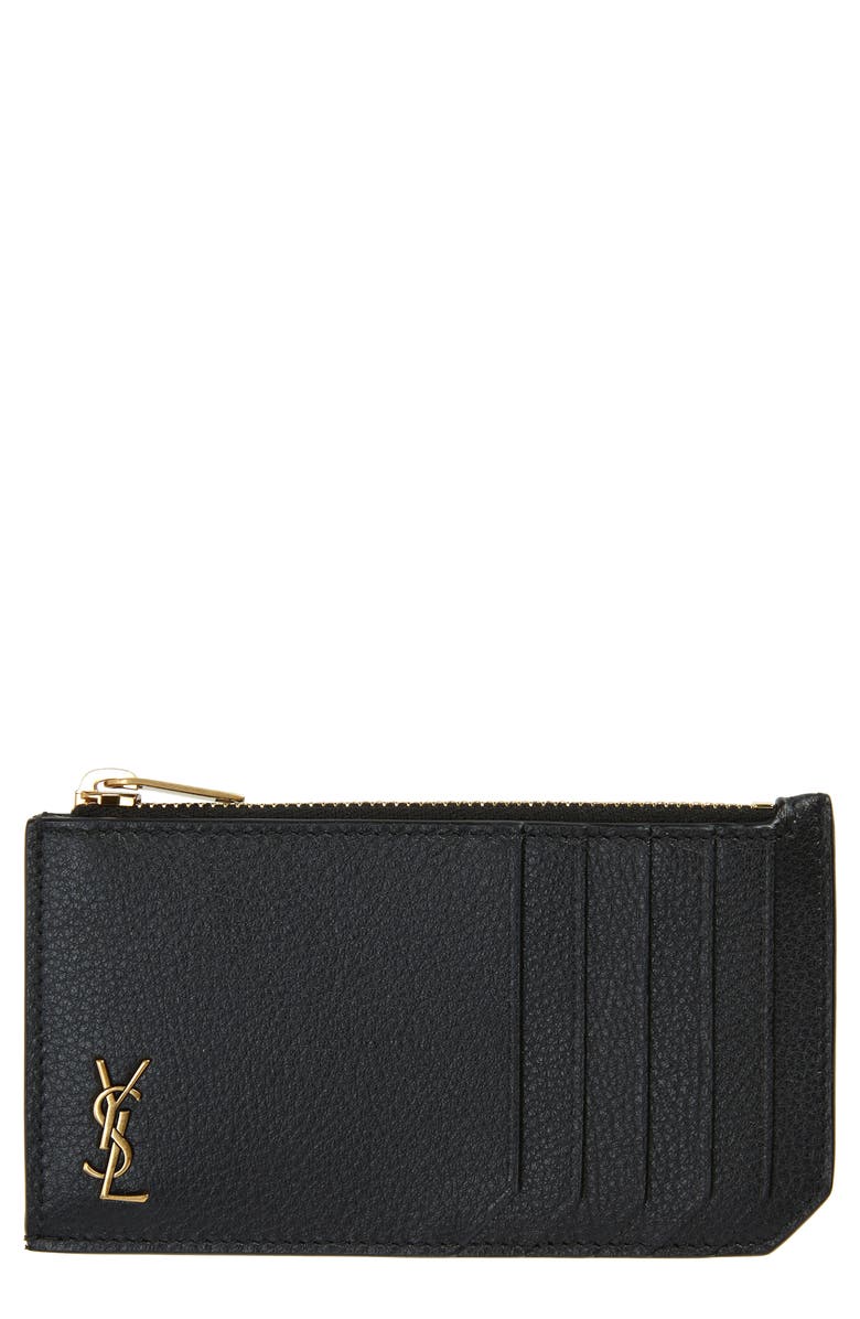 Saint Laurent Fragments Monogram Leather Zip Card Case, Main, color, 