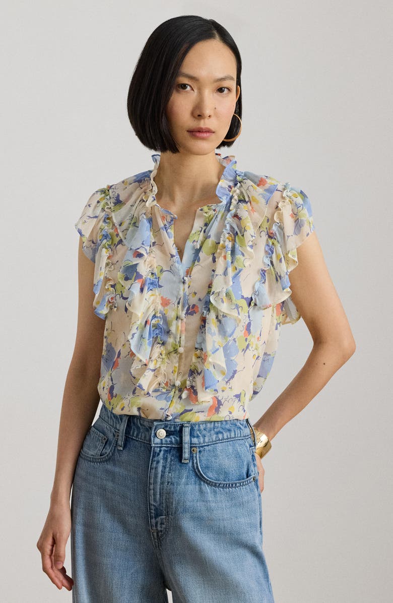 Lauren Ralph Lauren Floral Print Ruffle Trim Button-Up Top, Alternate, color, Blue Multi
