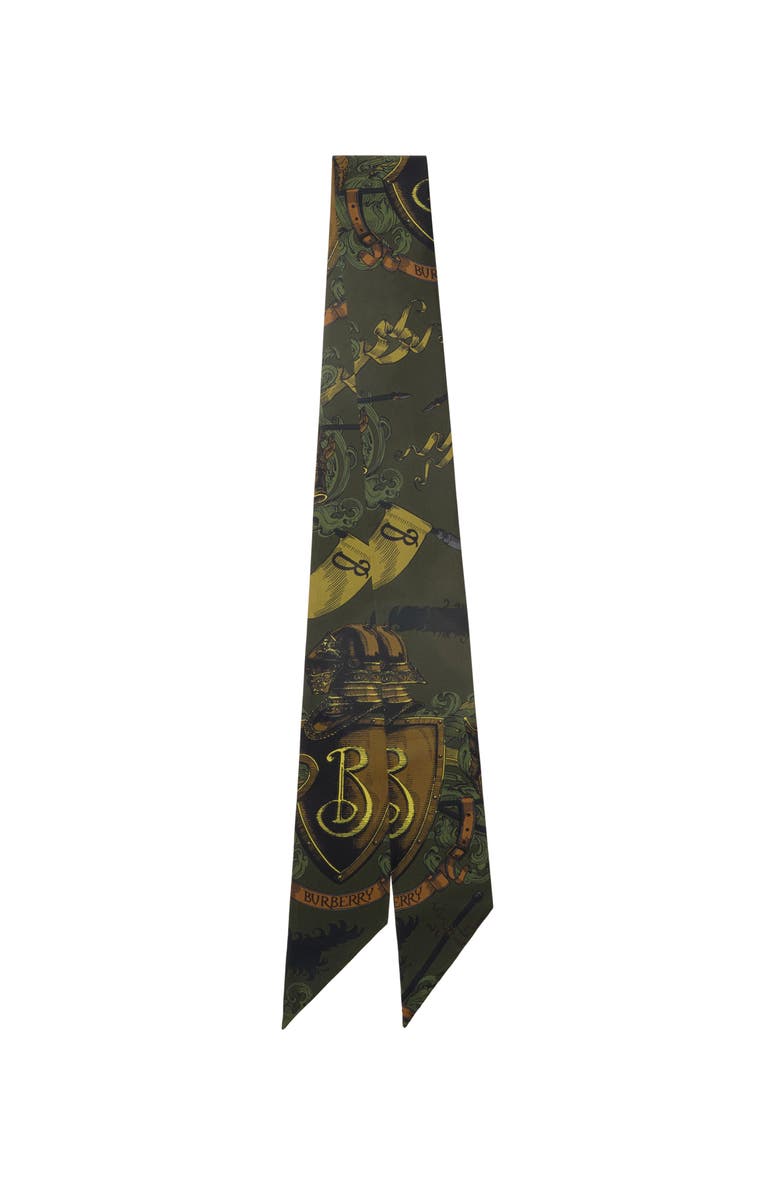 Burberry Skinny Reversible Etched Knight Silk Scarf, Main, color, Moat Green