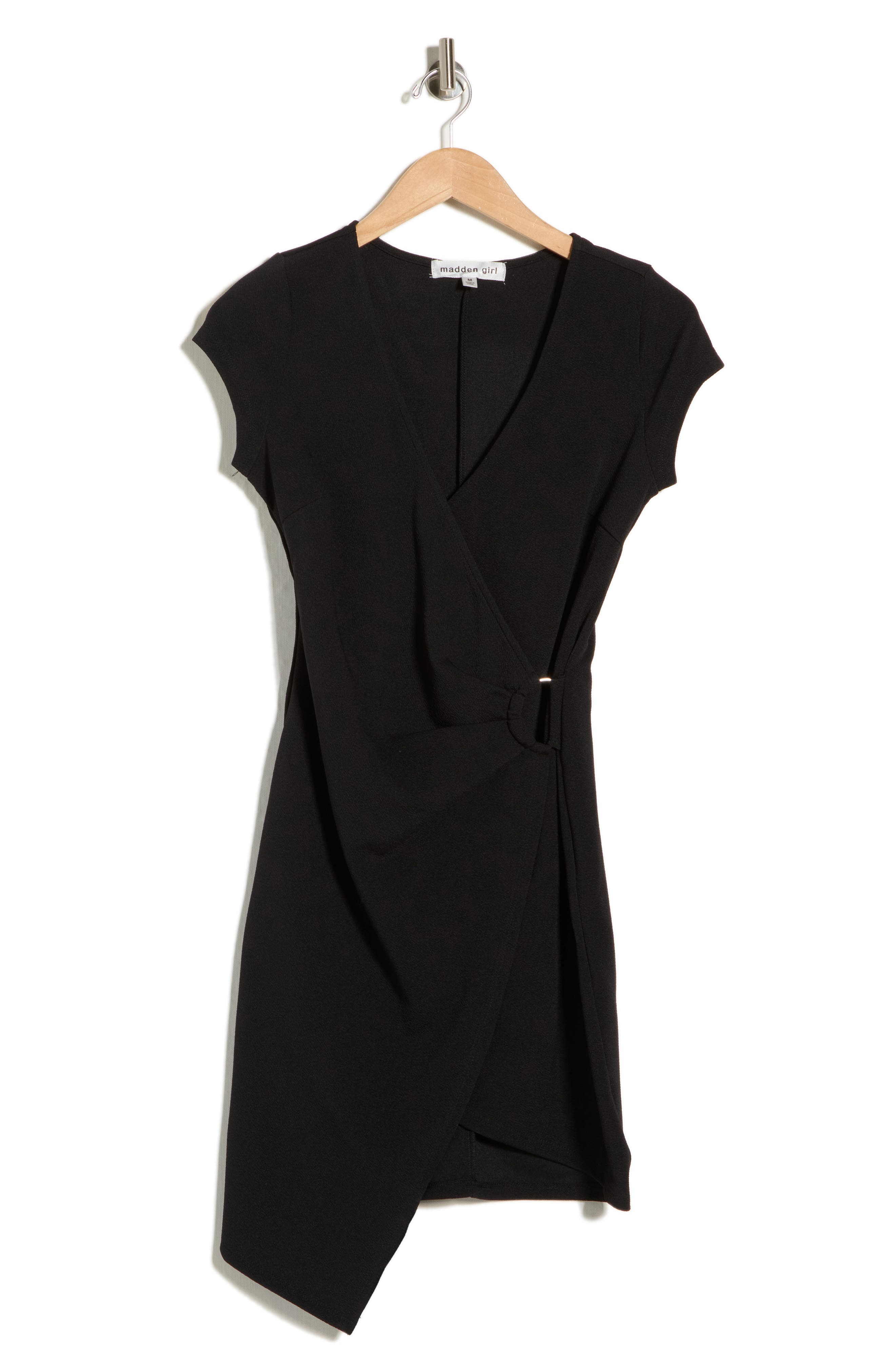 Madden Girl Cap Sleeve D-Ring Asymmetric Faux Wrap Dress