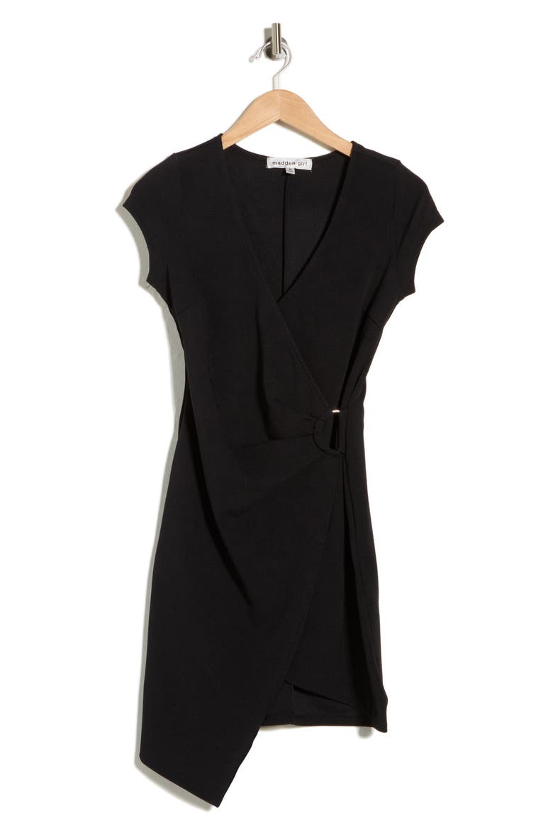Cap Sleeve D-Ring Asymmetric Faux Wrap Dress, Alternate, color, BLACK