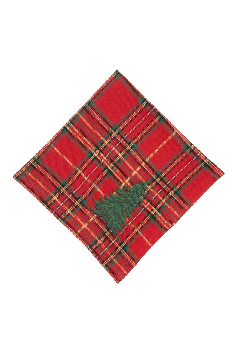 Spruce Tree Embroidery on Plaid Set of 6 Cloth Napkins, Alternate, color, Red