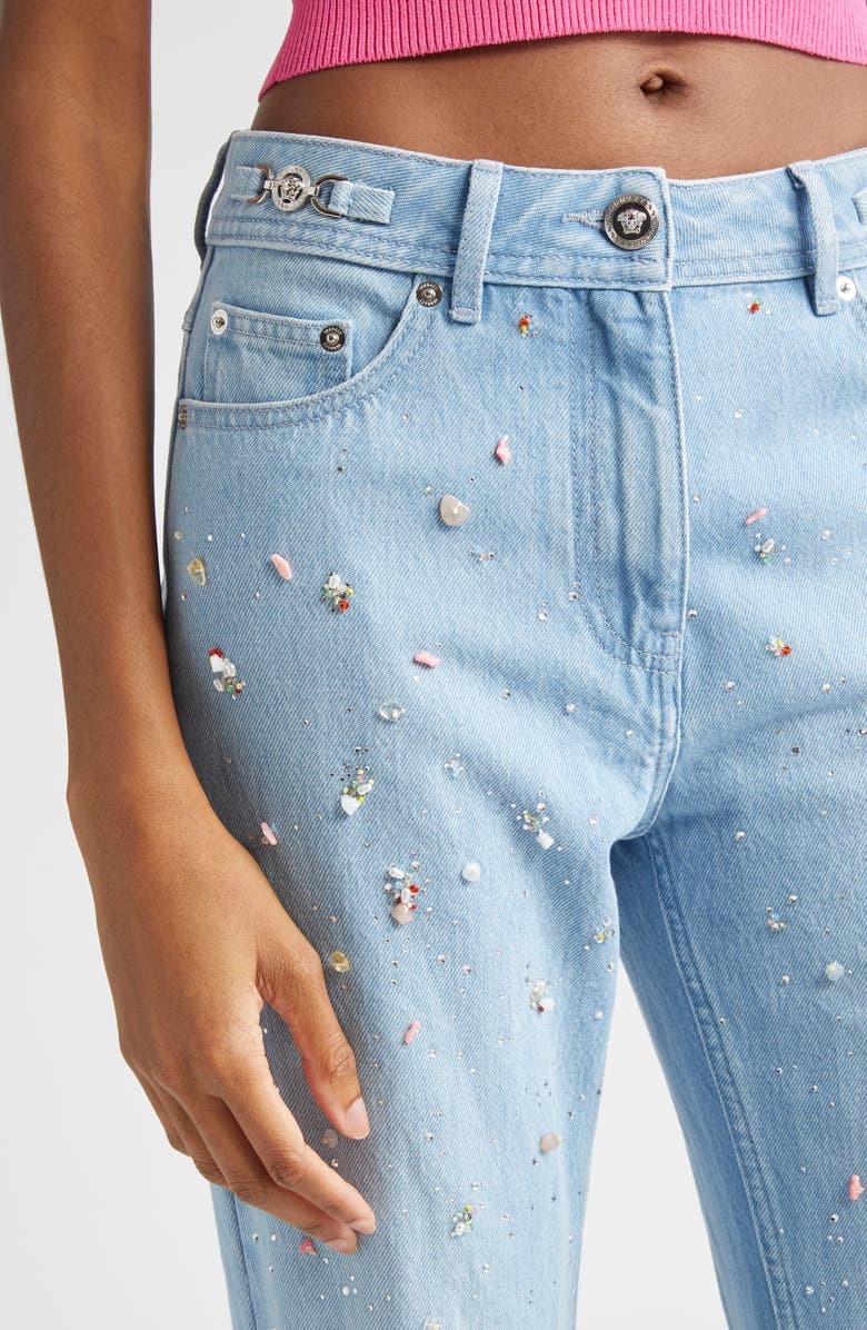 Versace Embellished Straight Leg Jeans, Alternate, color, Light Blue