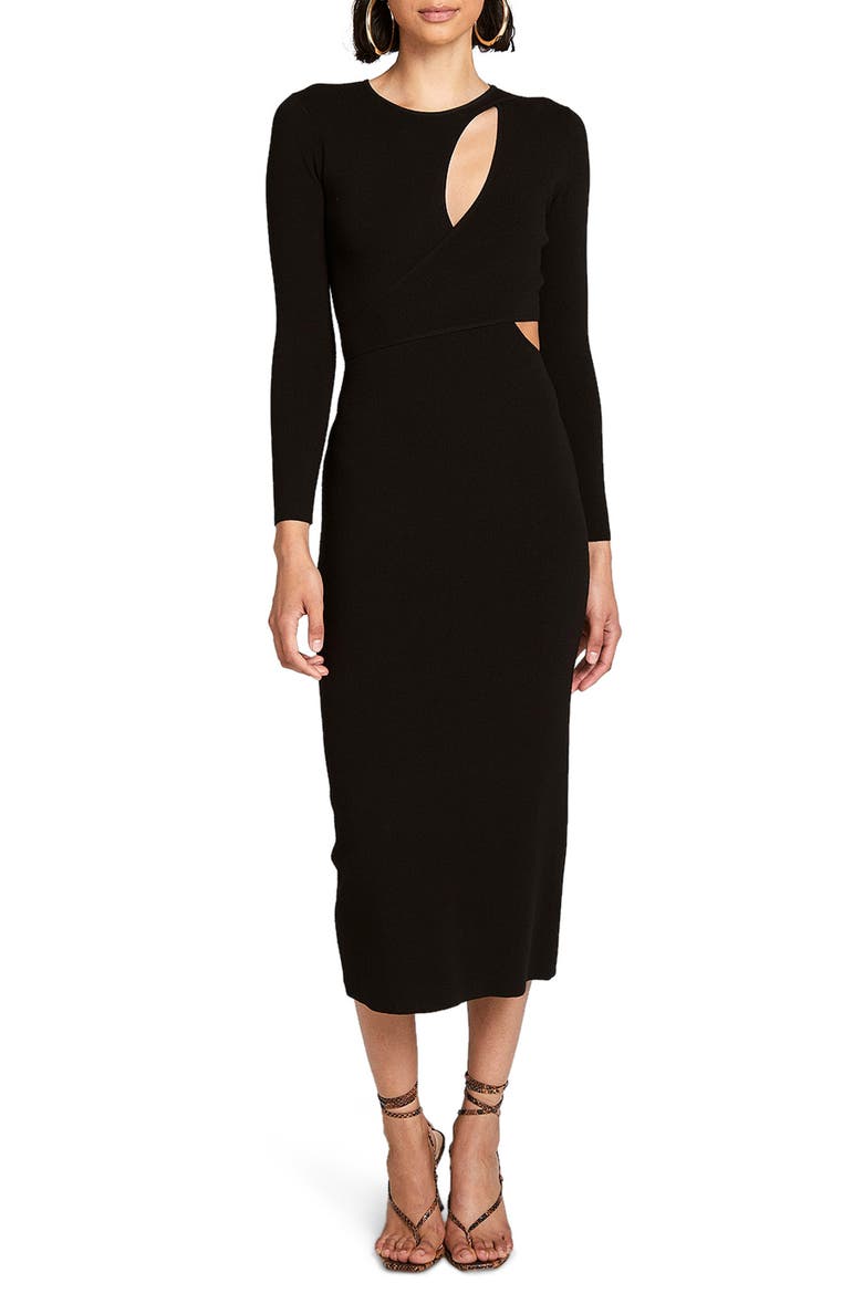 Lorelei Long Sleeve Cutout Knit Midi Dress, Main, color, BLACK