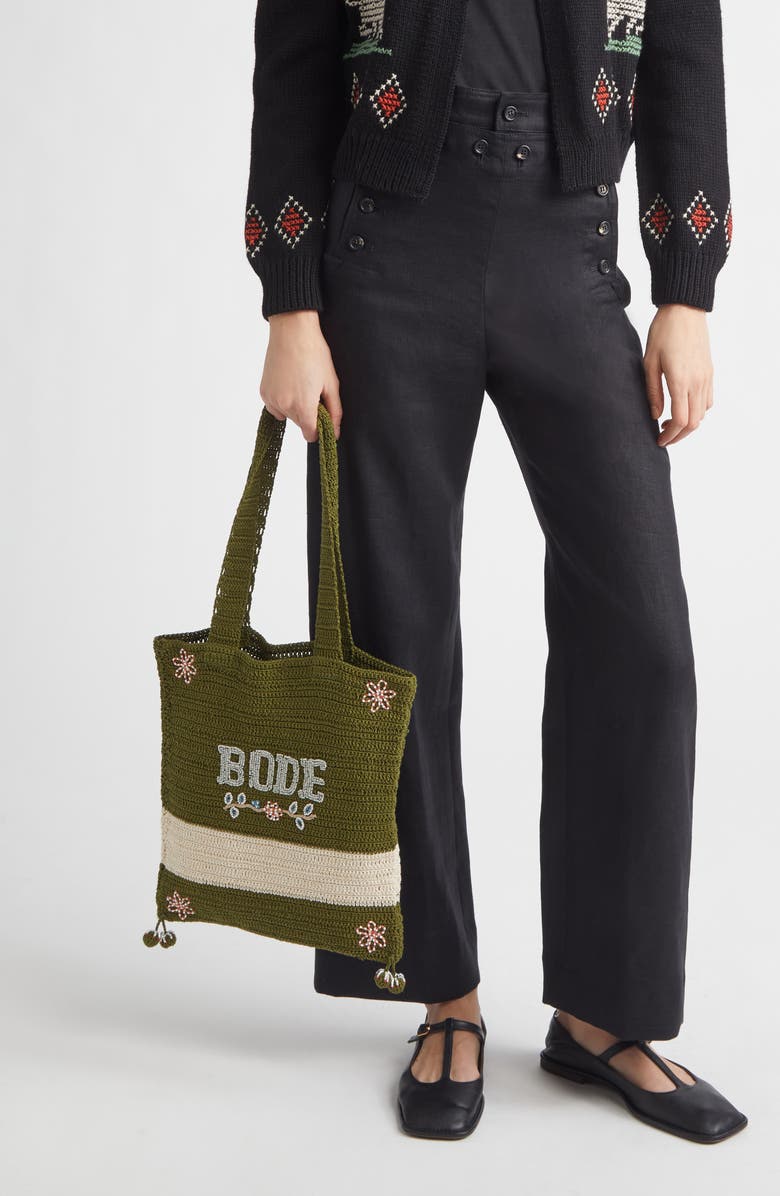 Bode Marsh Beaded Crochet Tote, Alternate, color, Green Cream