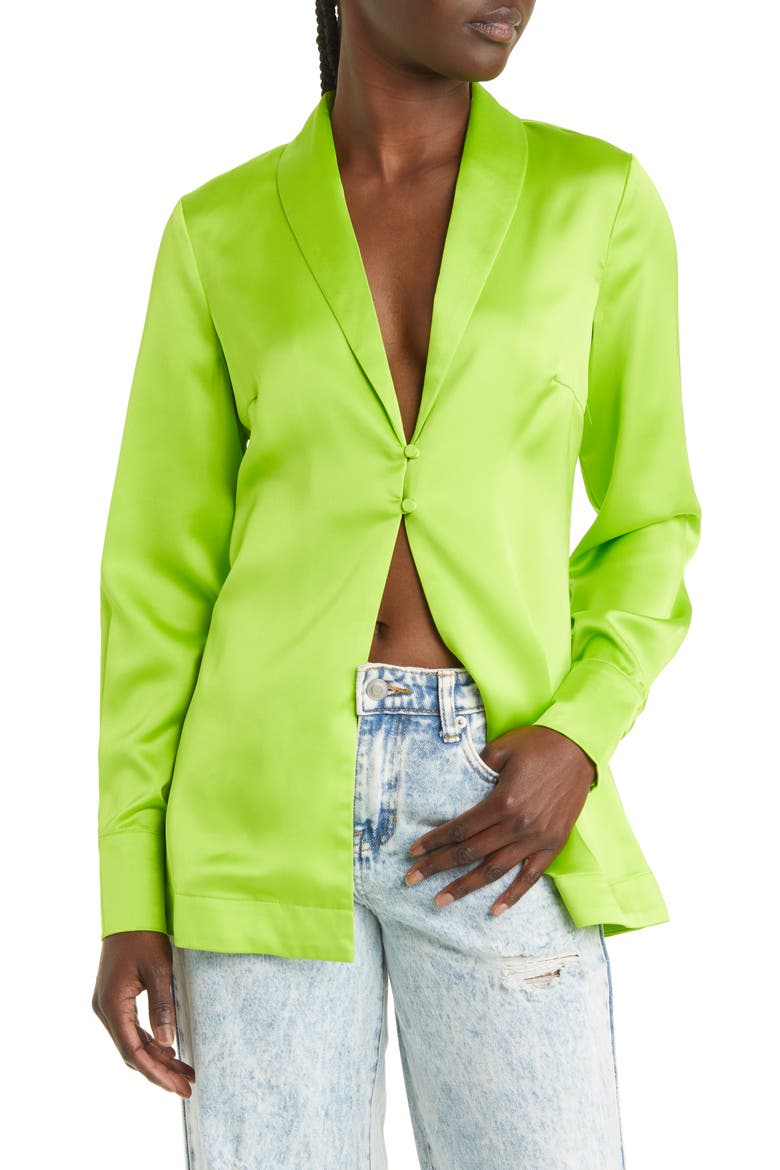 Naomi Satin Button-Up Shirt, Main, color, ACID LIME