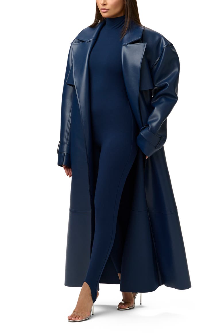 Faux Leather Trench Coat, Alternate, color, NAVY BLUE
