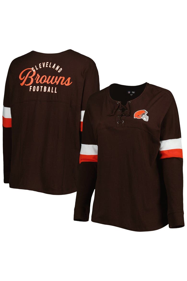 Women's New Era Brown Cleveland Browns Plus Size Athletic Varsity Lace-Up V-Neck Long Sleeve T-Shirt, Main, color, Brown