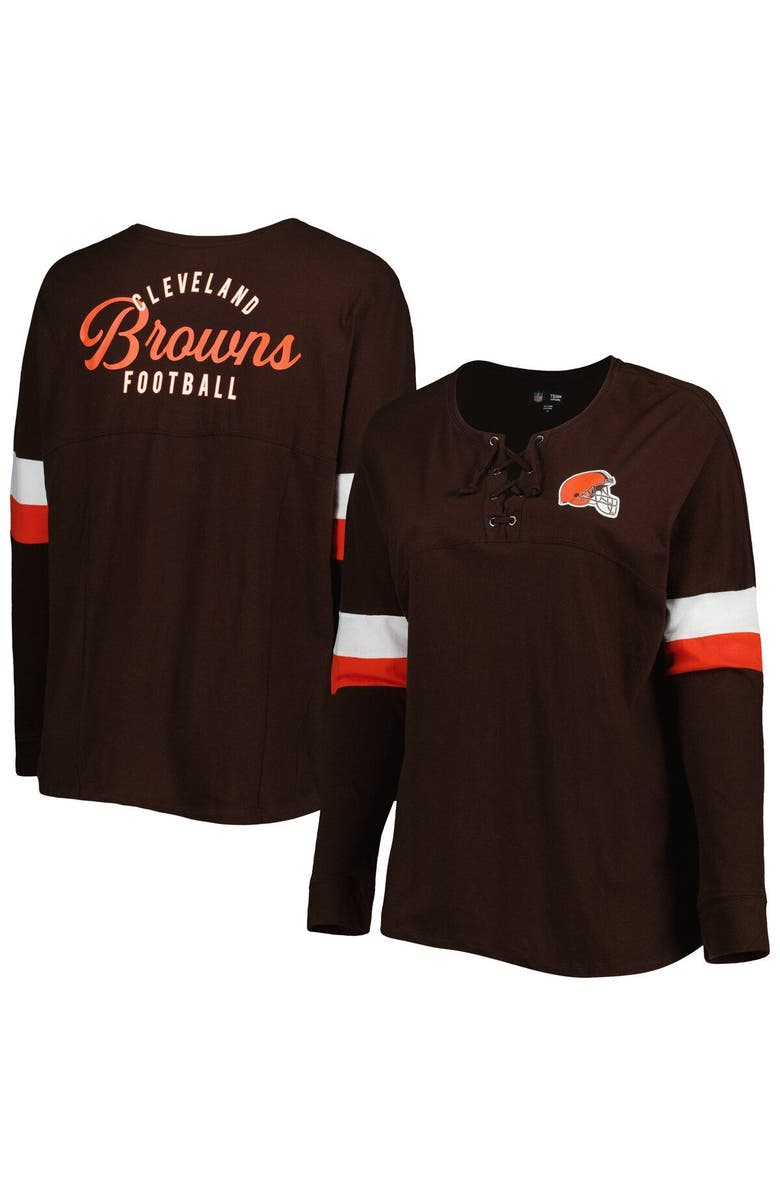New Era Women's New Era Brown Cleveland Browns Plus Size Athletic Varsity Lace-Up V-Neck Long Sleeve T-Shirt, Main, color, Brown
