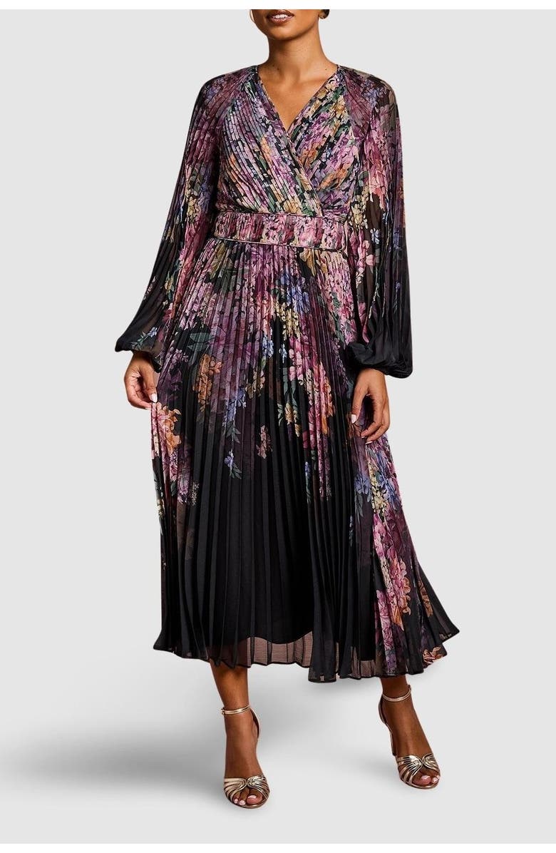 Coast Petite Printed Pleated Wrap Dress, Alternate, color, Black