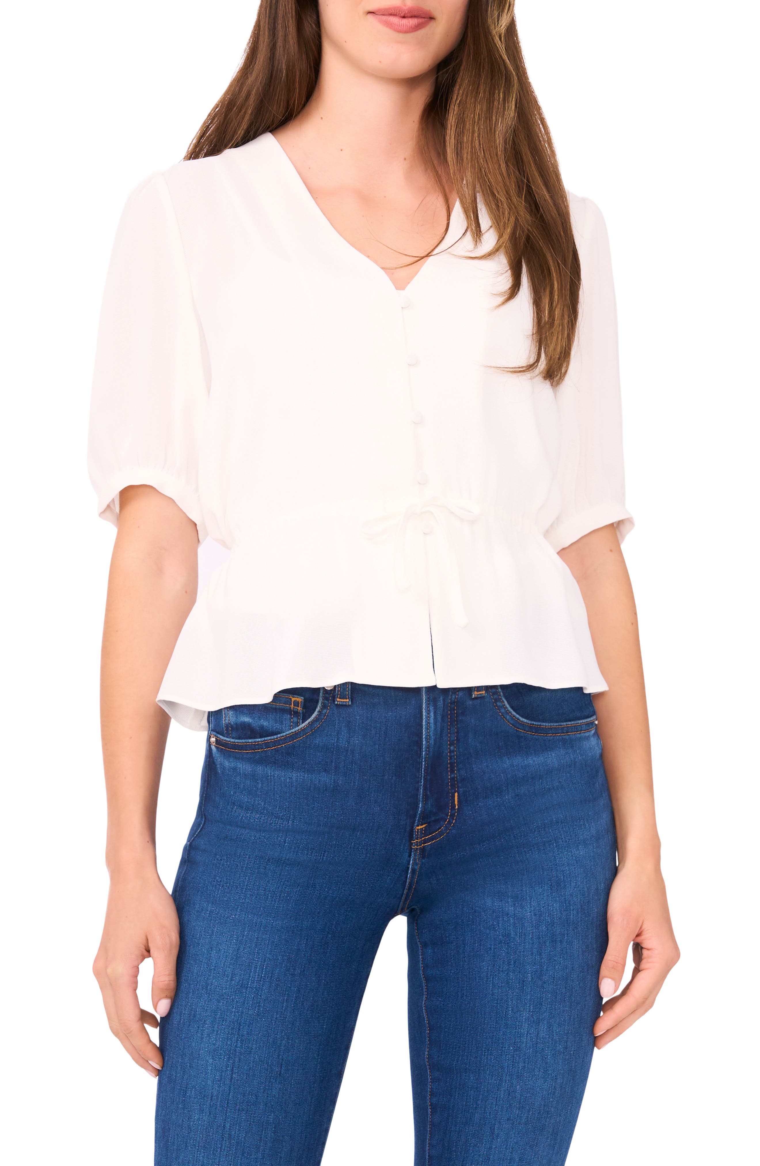 Halogen ® Button Front Tie Waist Top In White