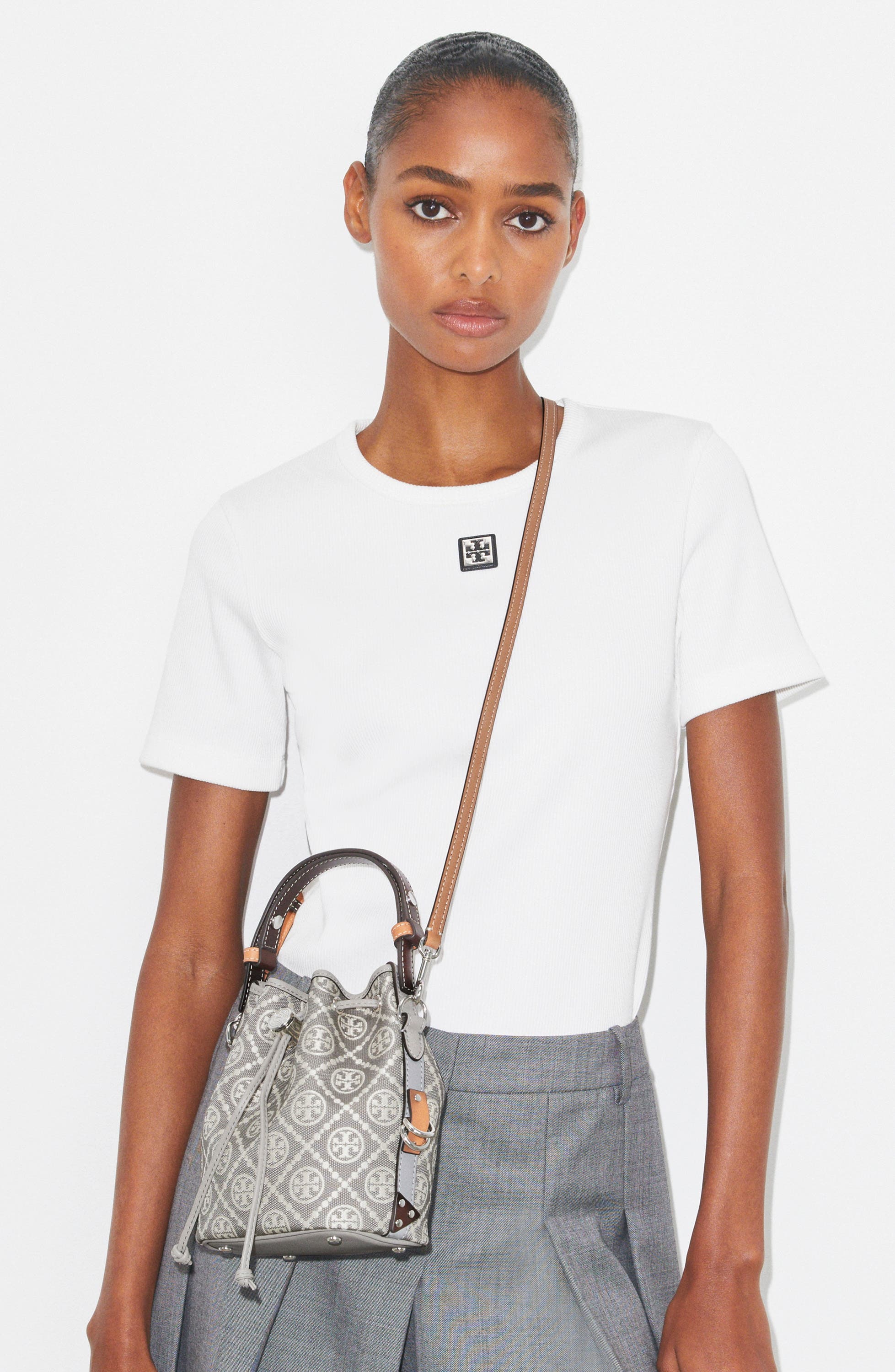 Mini T Monogram Jacquard Utility Bucket Bag, Alternate, color, GRAY