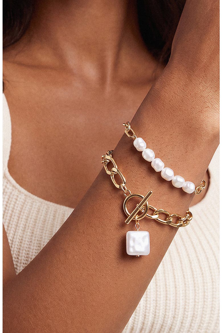 Imitation Pearl Chain Bracelet Set, Alternate, color, GOLD