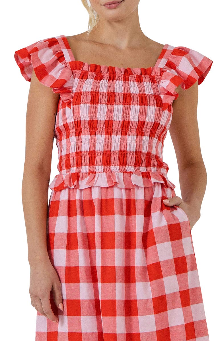 English Factory Gingham Smocked Ruffle Crop Top, Main, color, 