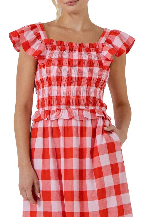 Gingham Smocked Ruffle Crop Top