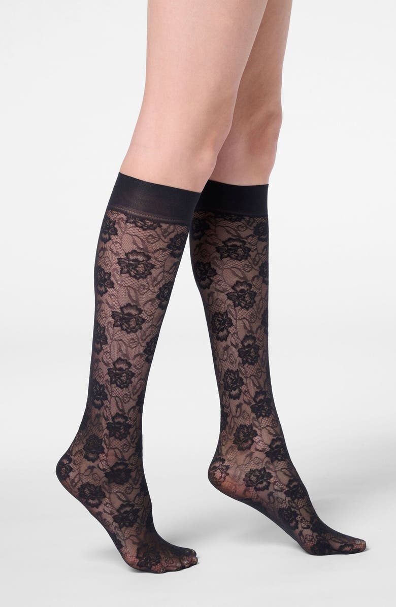 Oroblu Lace Allure Sheer Knee High Socks, Main, color, Black