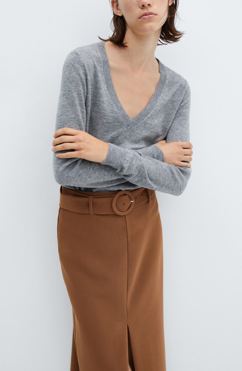 MANGO Belted Front Slit Midi Skirt, Alternate, color,