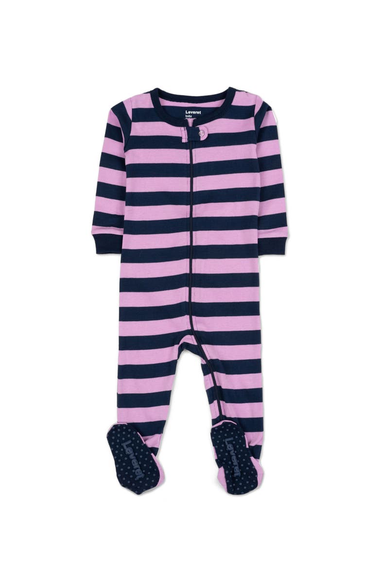 Leveret Kids Footed Striped Cotton Matching Family Pajamas, Main, color, Purple & Navy