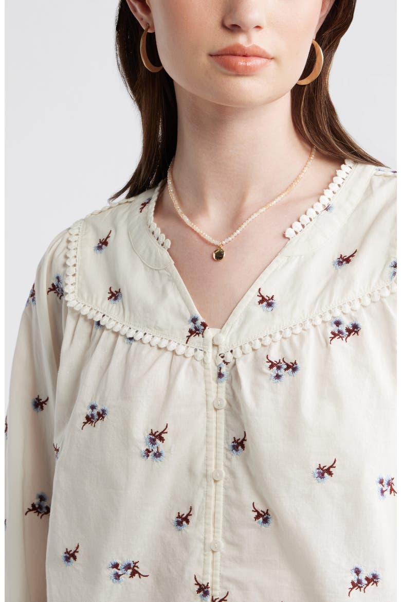 Lace Trim Button-Up Shirt, Alternate, color, IVORY- PURPLE TOSSED EMBROIDER