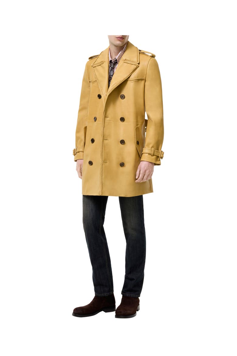 Mid-length Leather Leverton Trench Coat, Alternate, color, Mustard yellow
