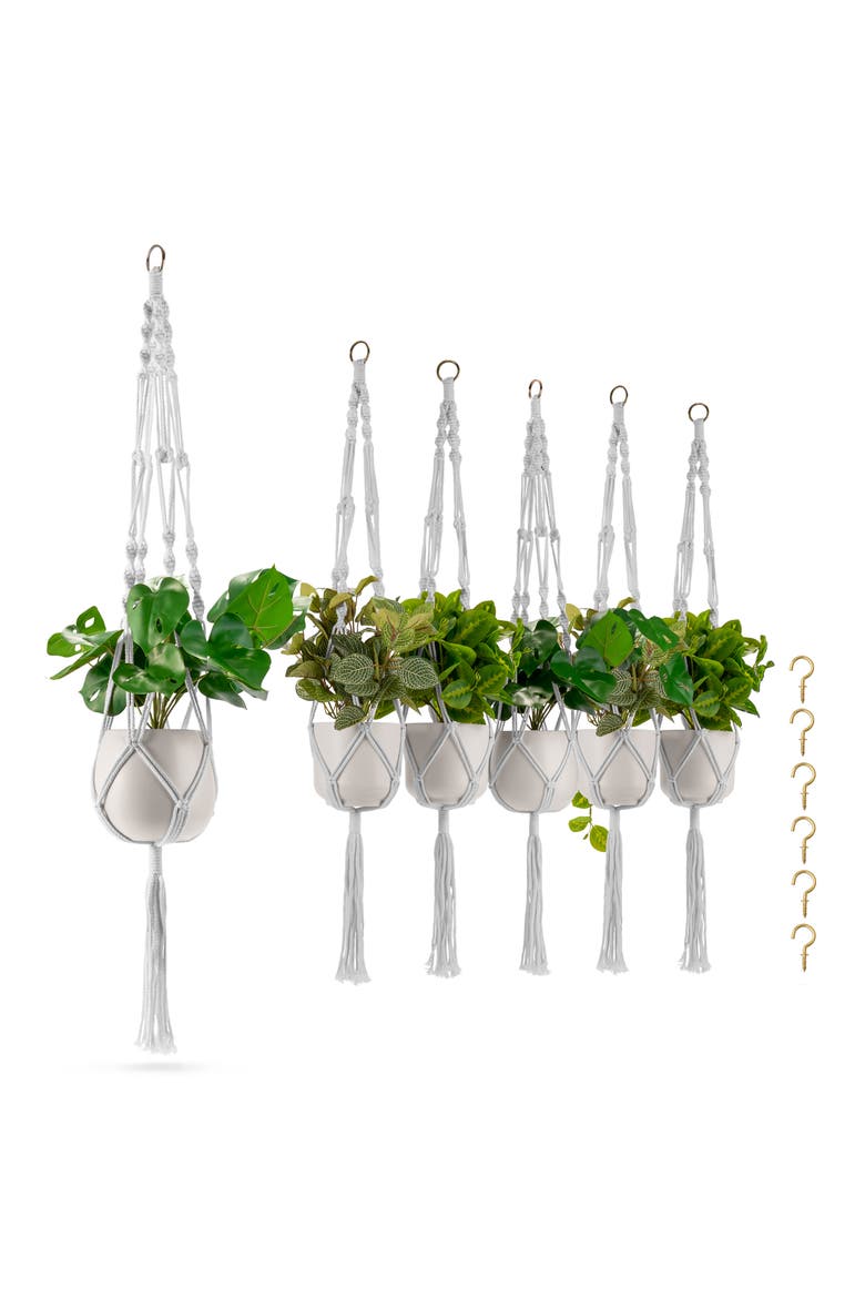Set of 6 Macrame Plant Hangers, Alternate, color, WHITE