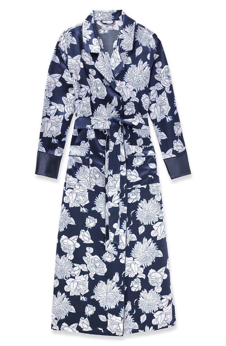 Petite Plume Floral Mulberry Silk Robe, Alternate, color, Navy