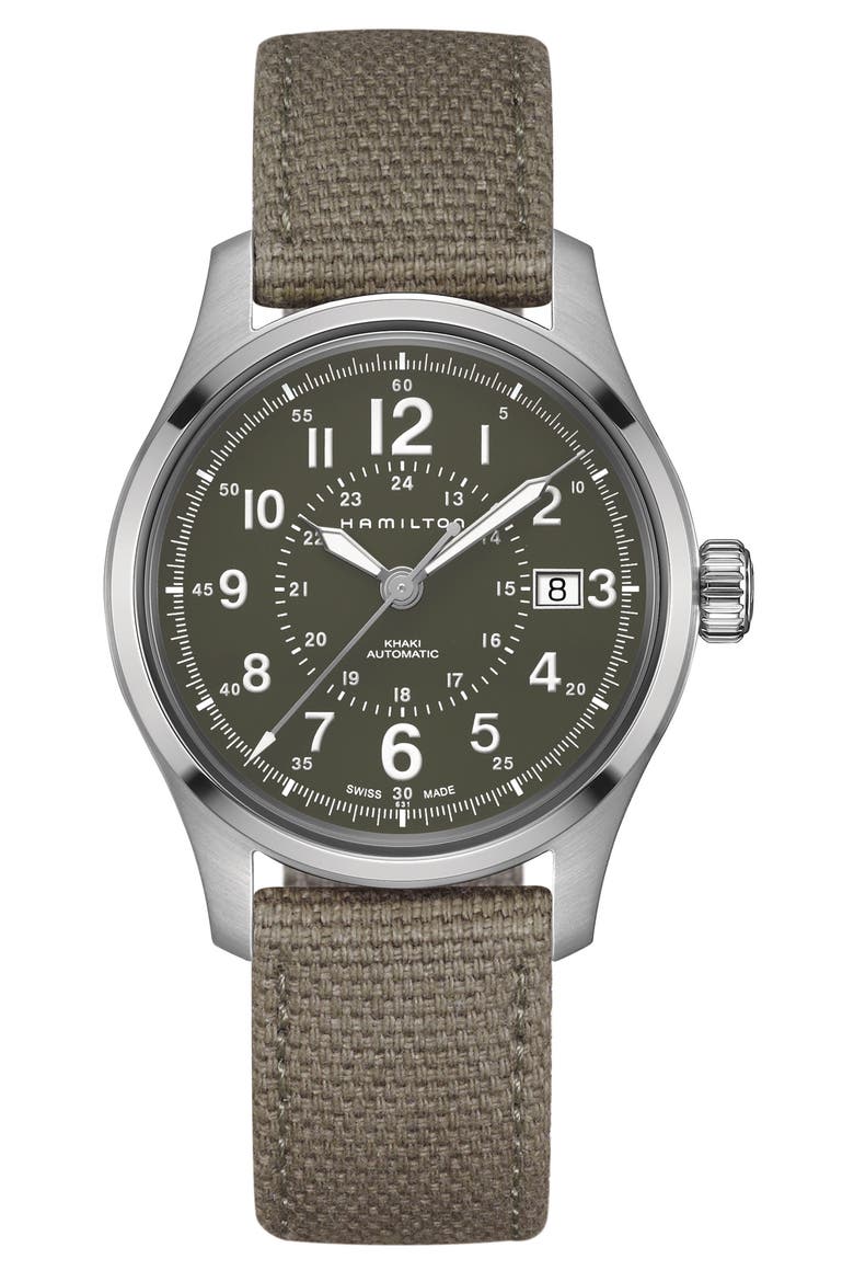 Khaki Field Automatic Canvas Strap Watch, 40mm, Main, color, GREEN/ SILVER