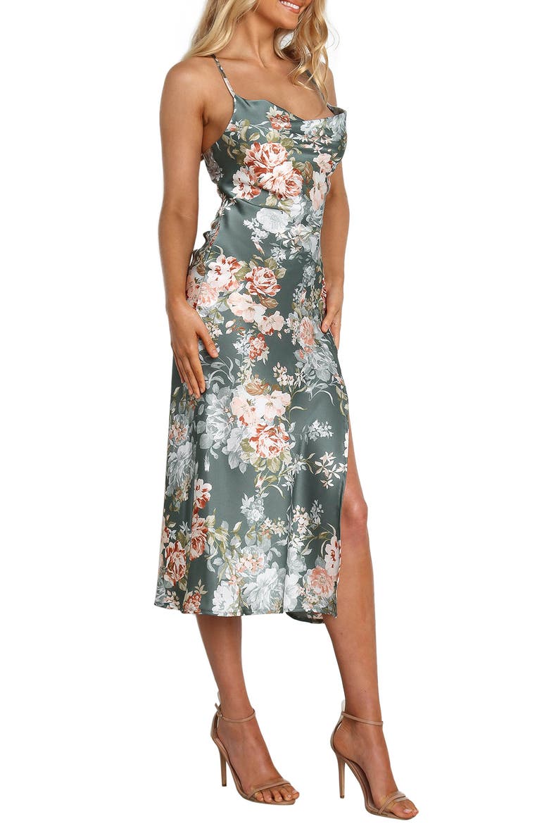 Marea Floral Tie Back Satin Midi Dress, Alternate, color, GREEN