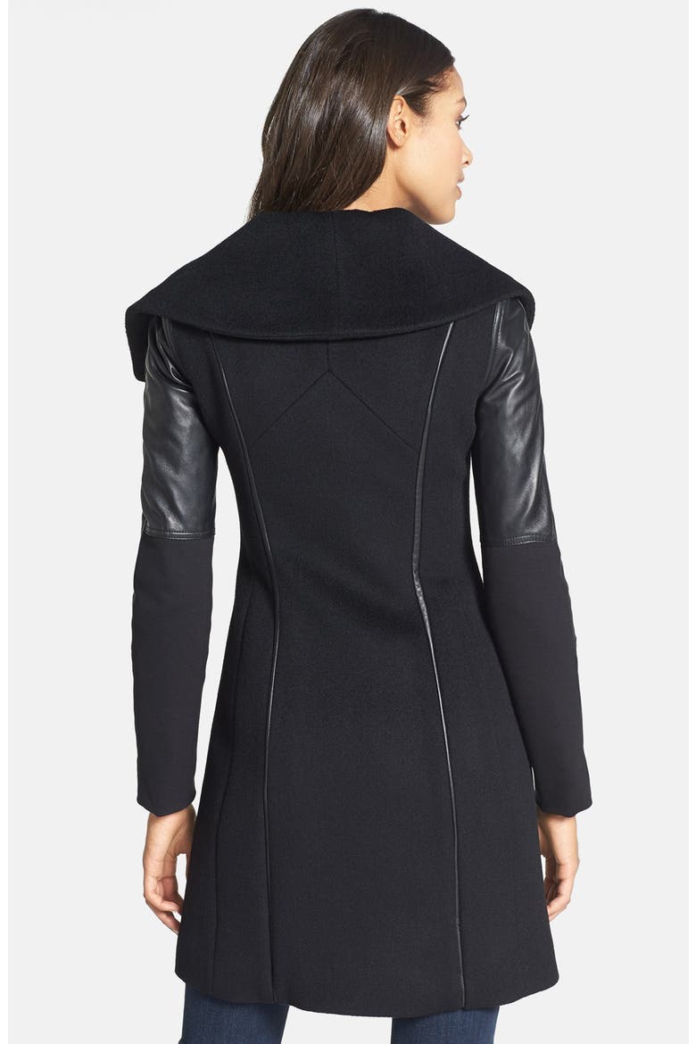 'Serena' Leather Sleeve Asymmetrical Wool Coat, Alternate, color, BLACK
