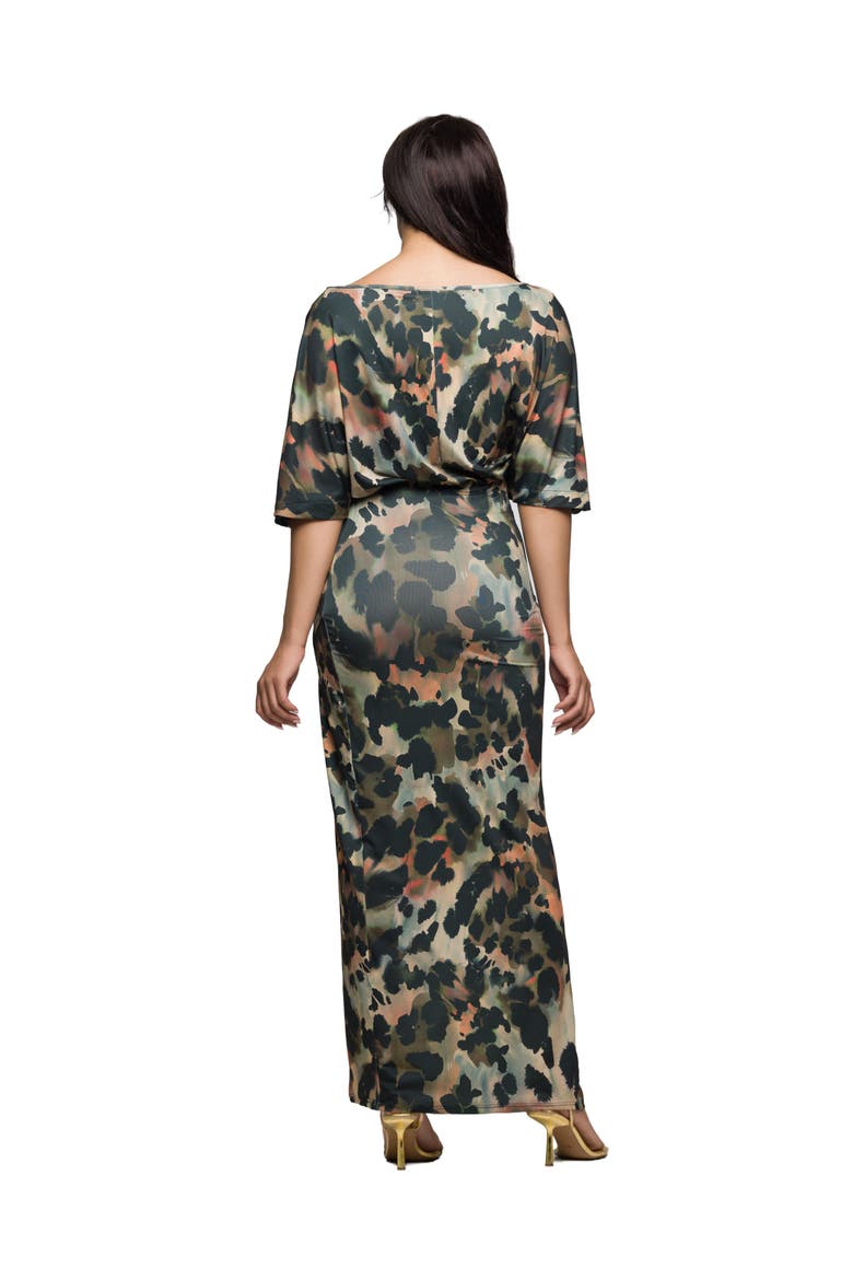 Abstract Print Batwing Sleeve Maxi Dress with Slit, Alternate, color, Green Multi