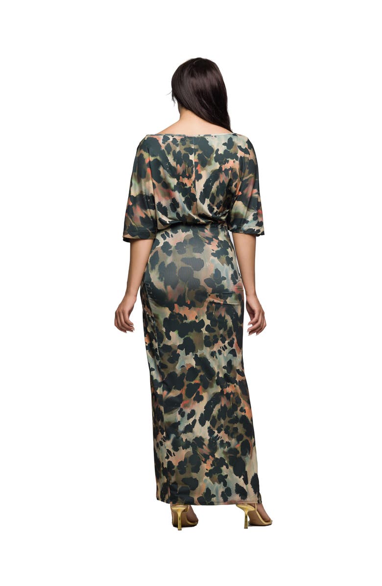 24seven Comfort Apparel Abstract Print Batwing Sleeve Maxi Dress with Slit, Alternate, color, Green Multi