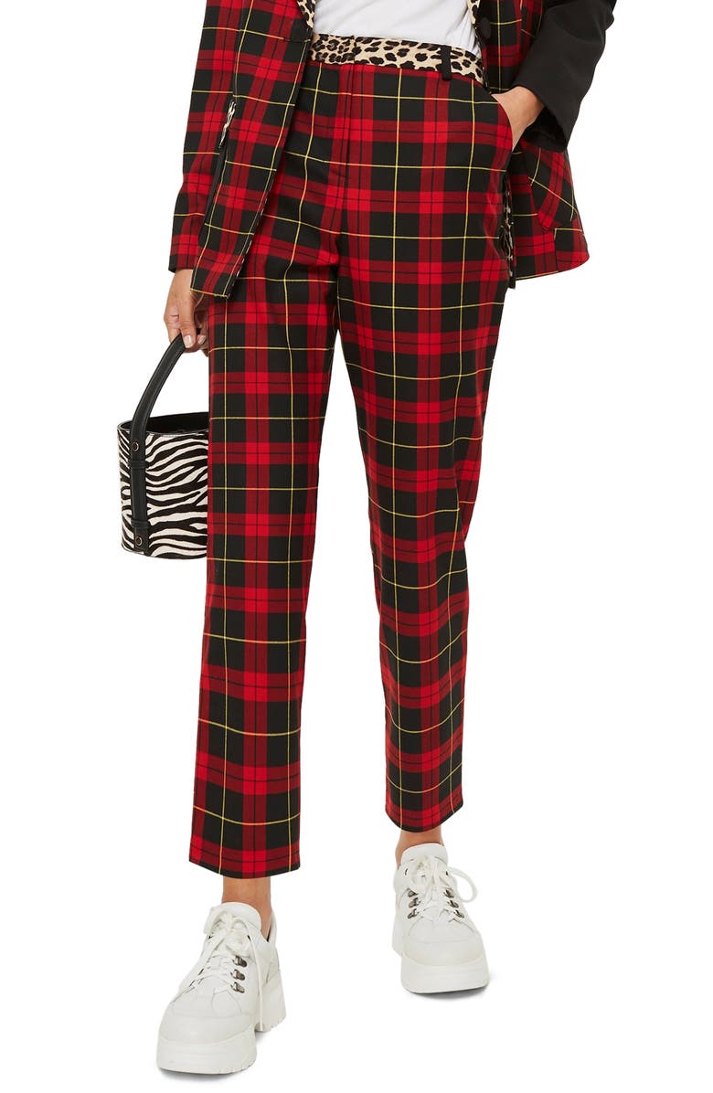 Topshop Leopard Trim Tartan Trousers, Main, color, 