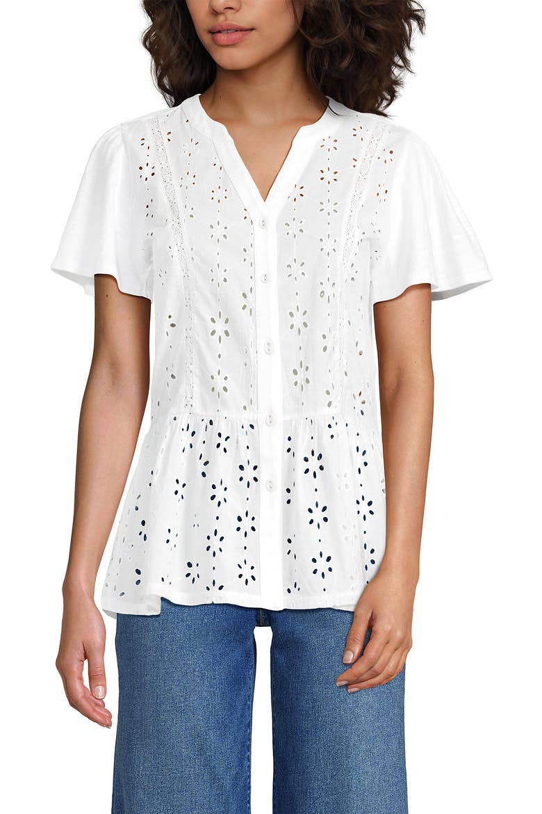 Short Sleeve Mixed Media Eyelet Top, Main, color, White