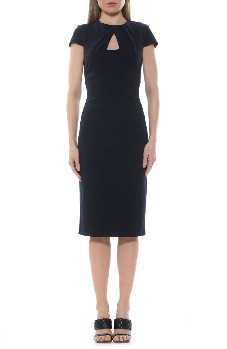 Alexia Admor Janine Crewneck Draped Midi Sheath Dress, Main, color, Navy