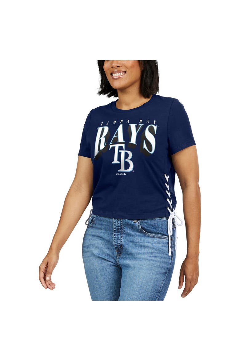 Women's WEAR by Erin Andrews Navy Tampa Bay Rays Side Lace-Up Cropped T-Shirt, Alternate, color, Navy