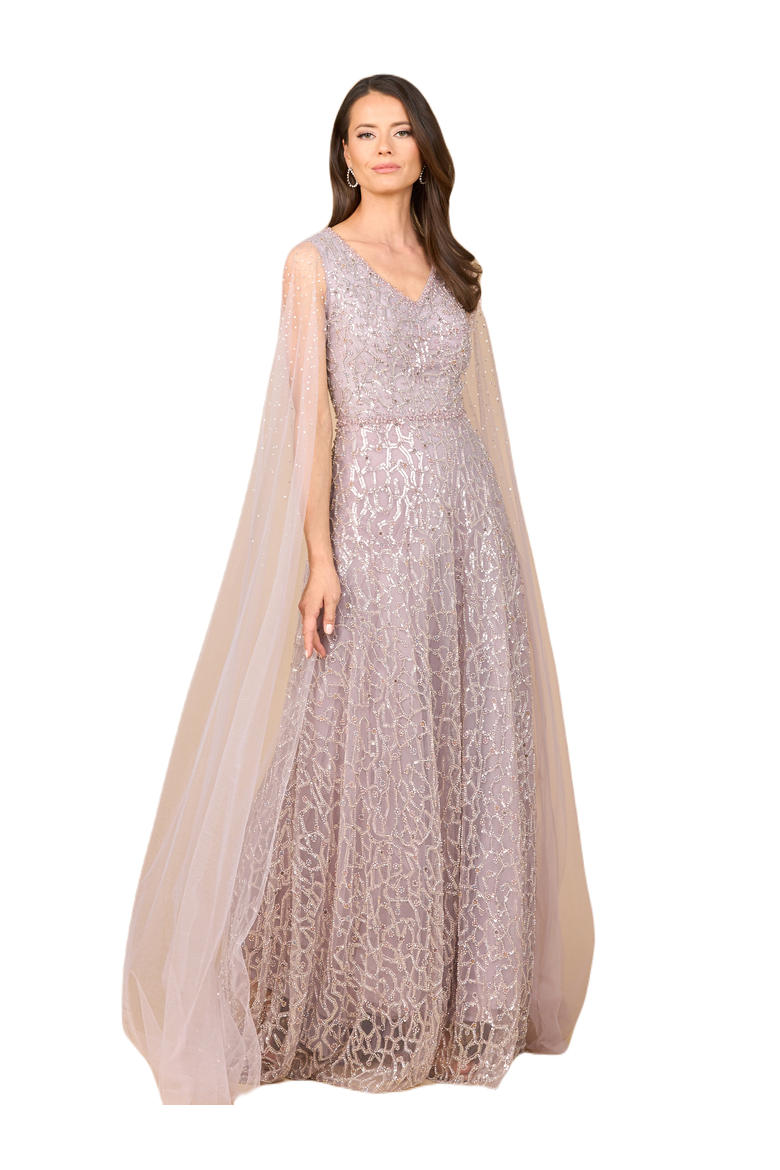 Beaded Lace Gown with Cape Sleeves, Main, color, Dusty Purple