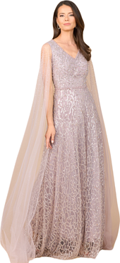 LARA New York Beaded Lace Gown with Cape Sleeves