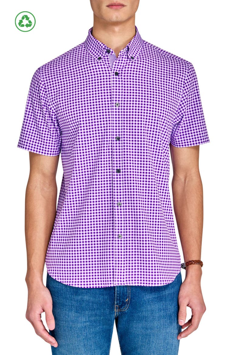 Slim Fit Mini Check Recycled 4-Way Stretch Performance Short Sleeve Shirt, Main, color, LILAC