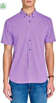 CONSTRUCT Slim Fit Mini Check Recycled 4-Way Stretch Performance Short Sleeve Shirt