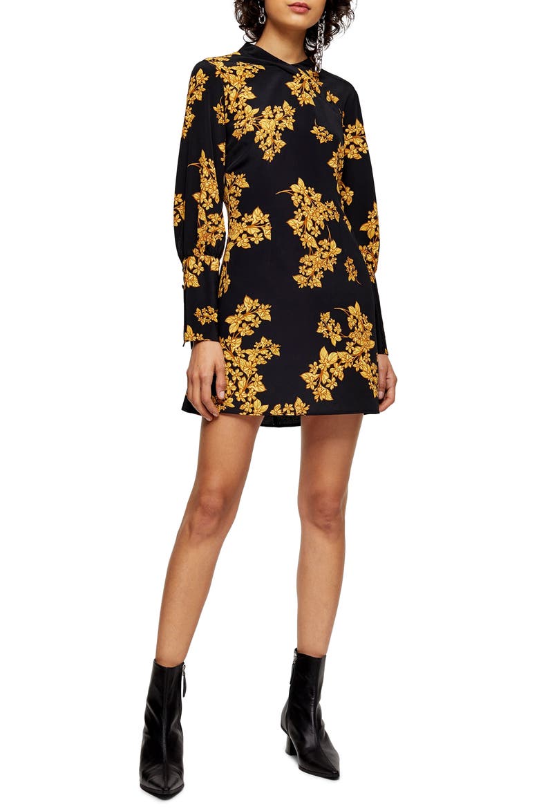 Floral Print Long Sleeve Minidress, Main, color, BLACK