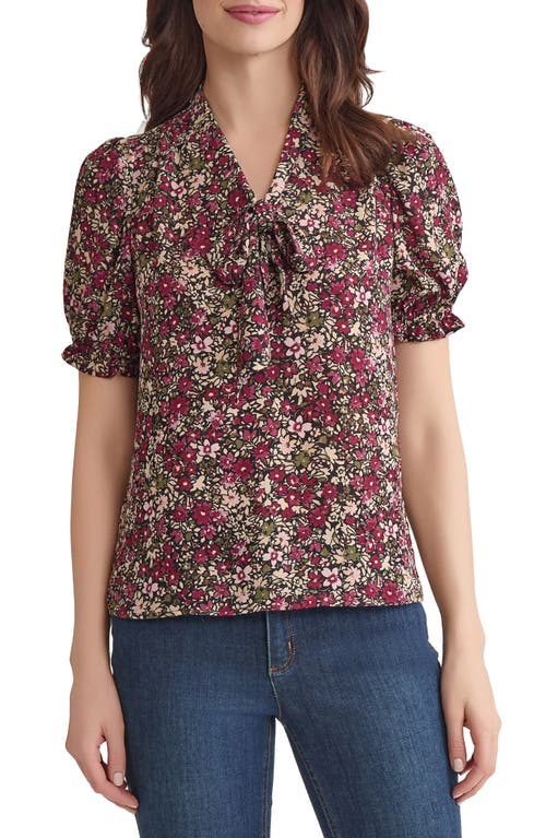 Jones New York Floral Tie Neck Puff Sleeve Top In Multi
