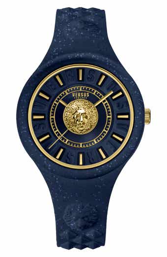 VERSUS Versace Versace Fire Island Lion Glitter Blue Dial Silicone Strap Watch, 39mm