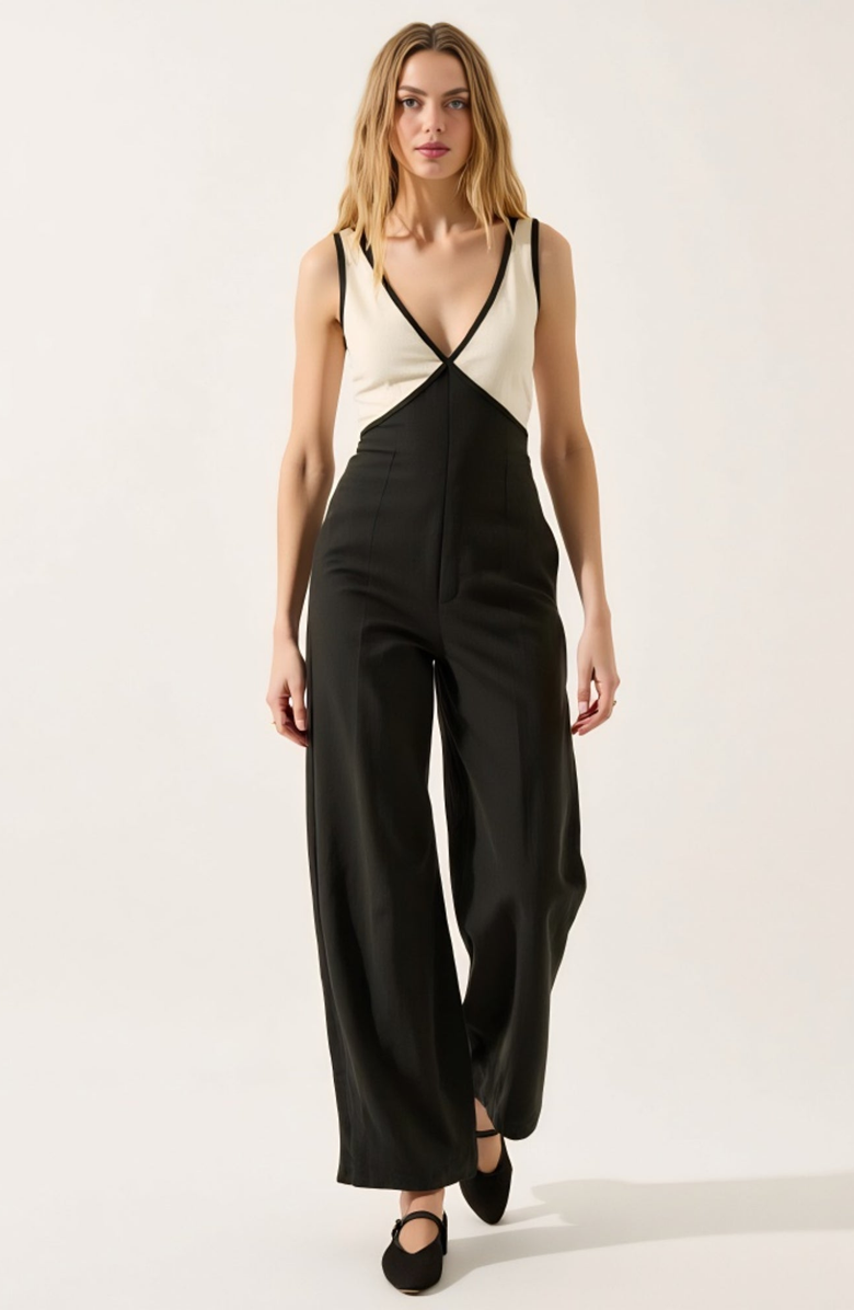 Modenaire Sleeveless Wide Leg Jumpsuit with Deep V-Neckline, Main, color, Black / Cream