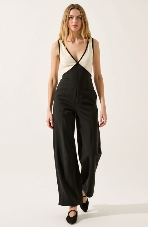Sleeveless Wide Leg Jumpsuit with Deep V-Neckline