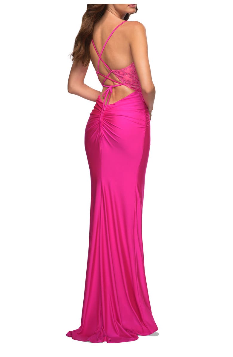 La Femme Neon Prom Dress with Beautiful Lace Bodice and Jersey Skirt, Alternate, color, Neon Pink