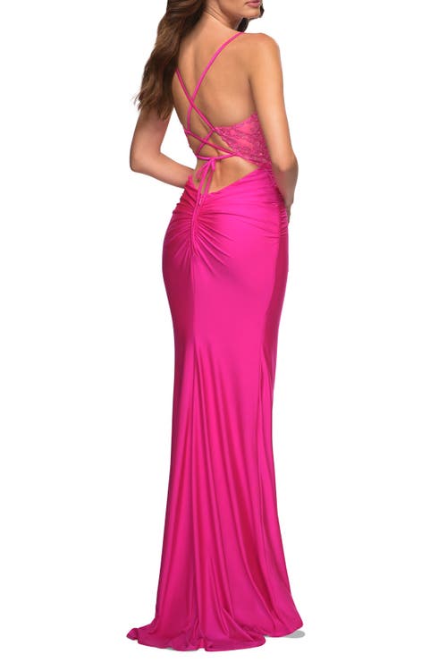 La Femme Neon Prom Dress With Beautiful Lace Bodice And Jersey Skirt In Neon Pink
