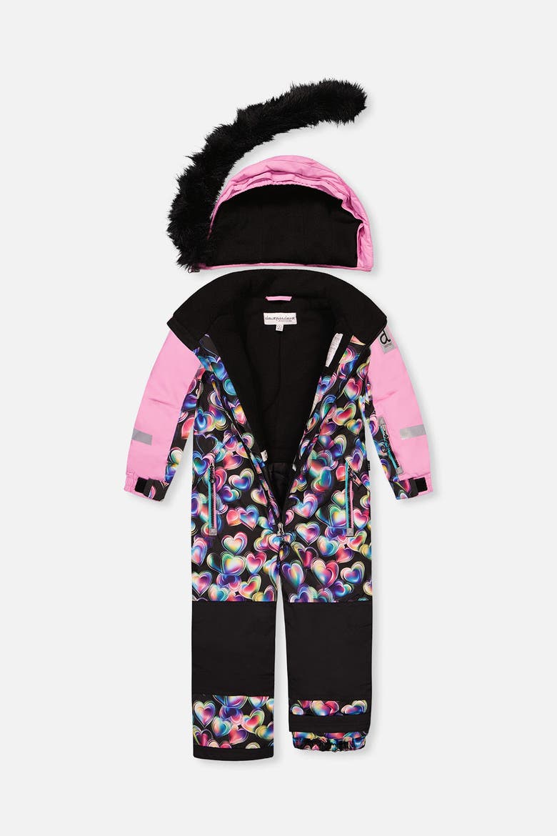 Play Heart Faux Fur Hood & Expandable Sleeve One Piece Snowsuit, Alternate, color, Black Printed with Hearts