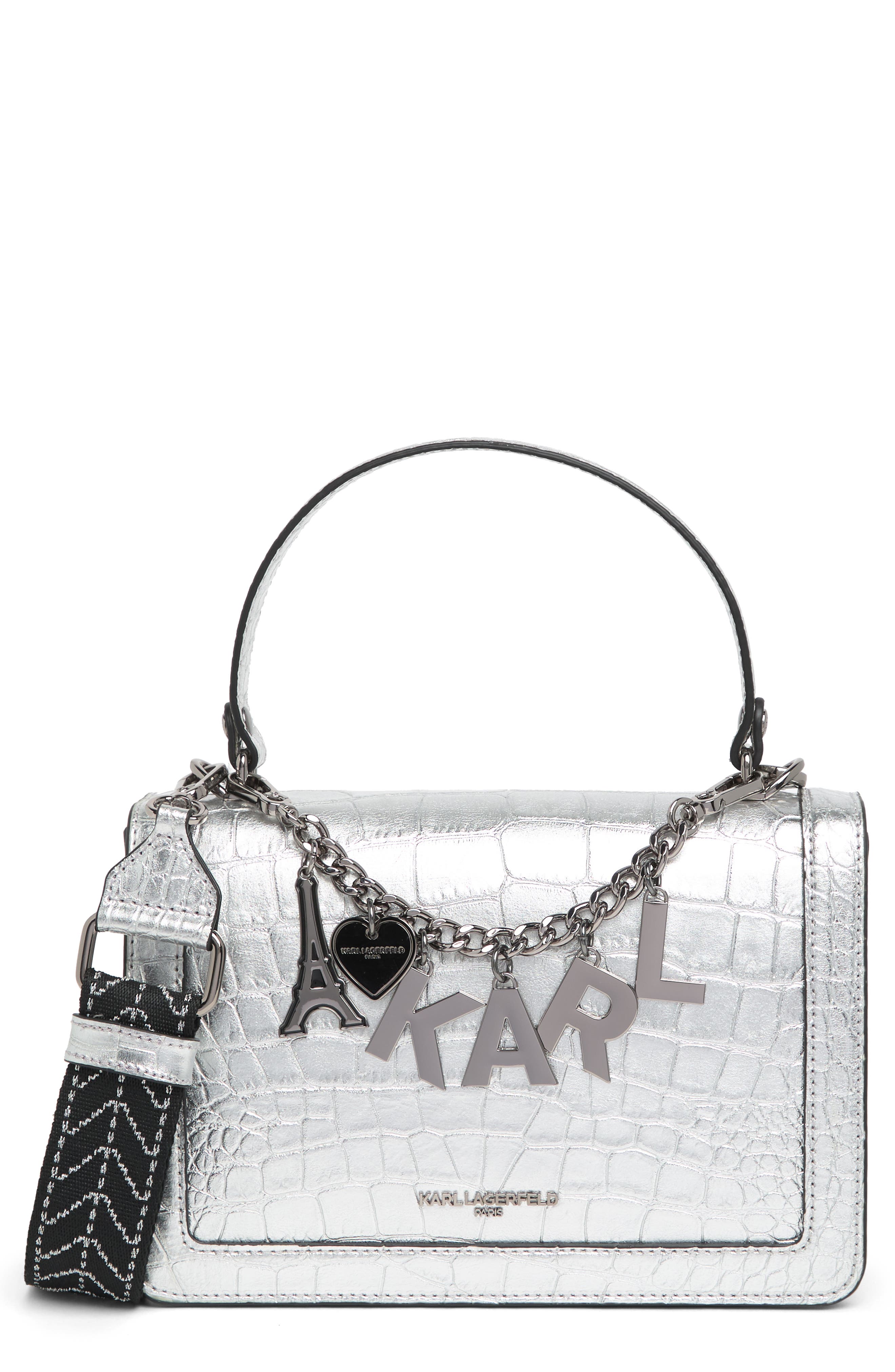KARL LAGERFELD PARIS Simone Croc Embossed Leather Crossbody Bag, Main, color, 